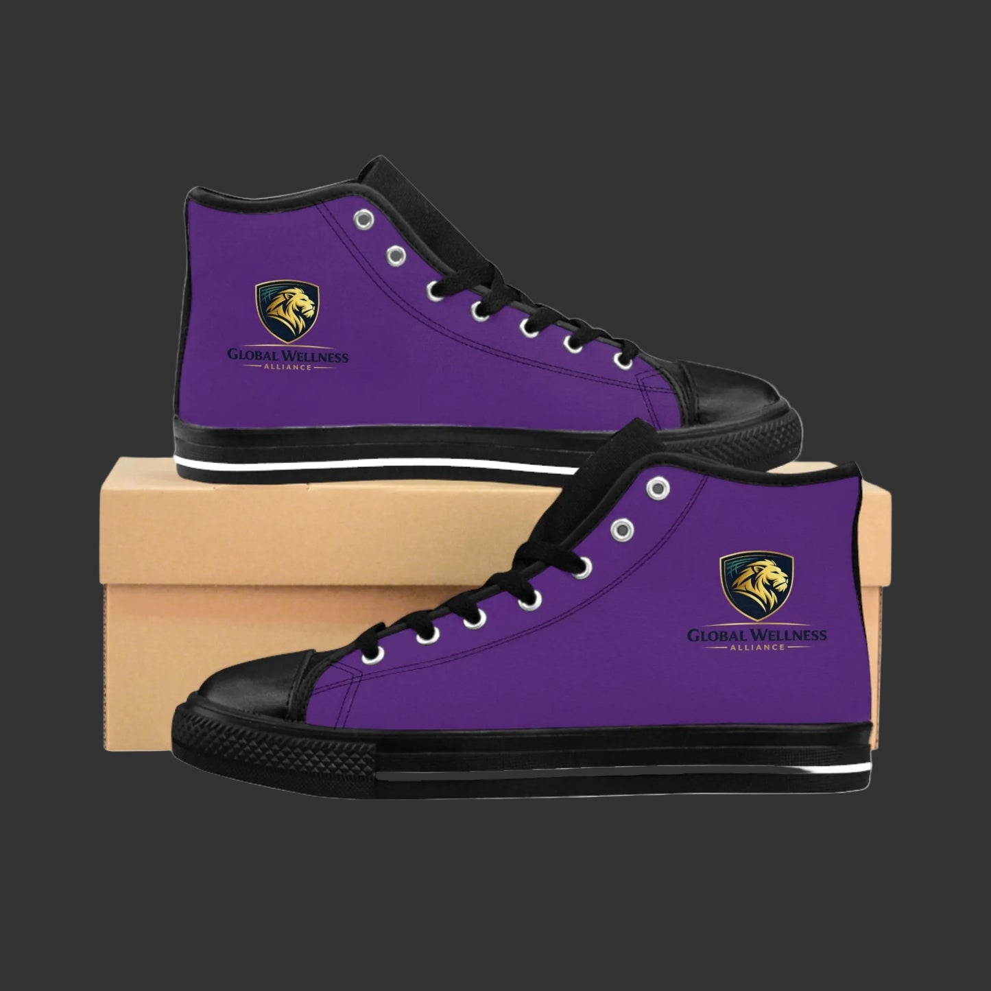 Purple High-Top Sneakers with Gold Lion Crest – Men's Classic Sneakers