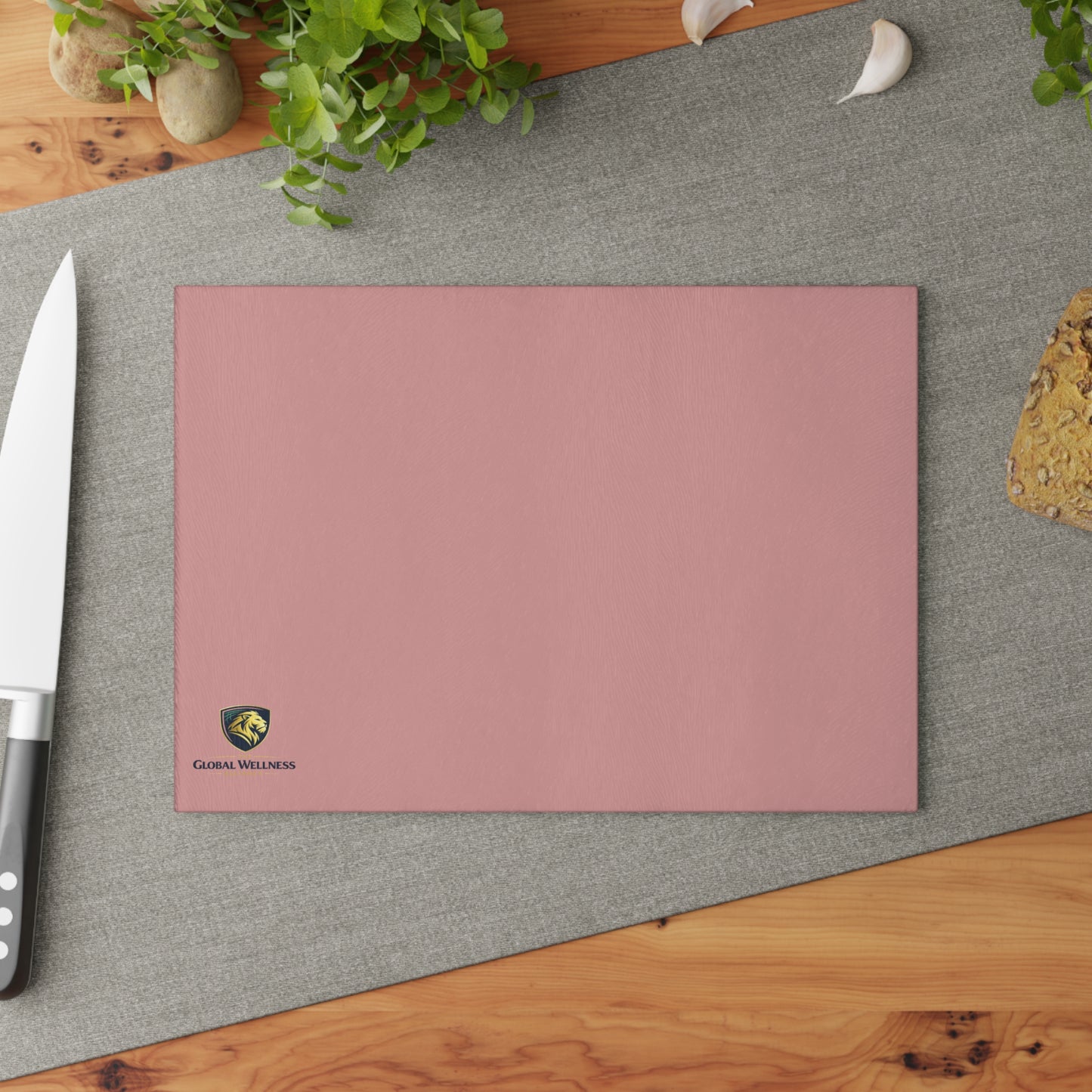 Pink Glass Cutting Board — Decorative Kitchen Chopping Board with Subtle Logo