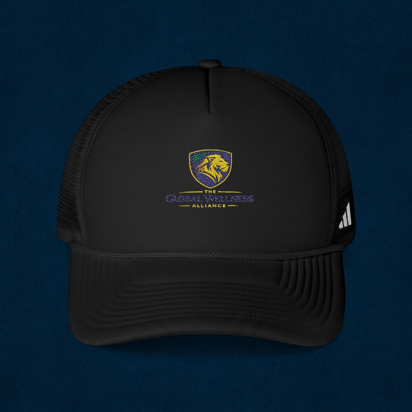 Embroidered Lion Crest Trucker Cap — Mesh Baseball Hat with Vintage Shield Logo