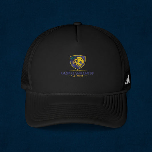 Embroidered Lion Crest Trucker Cap — Mesh Baseball Hat with Vintage Shield Logo
