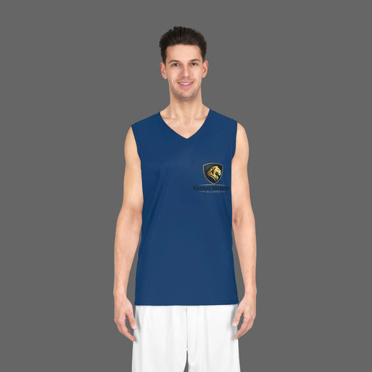 Navy Team Basketball Jersey with Gold Lion Crest — Custom Athletic Tank Top