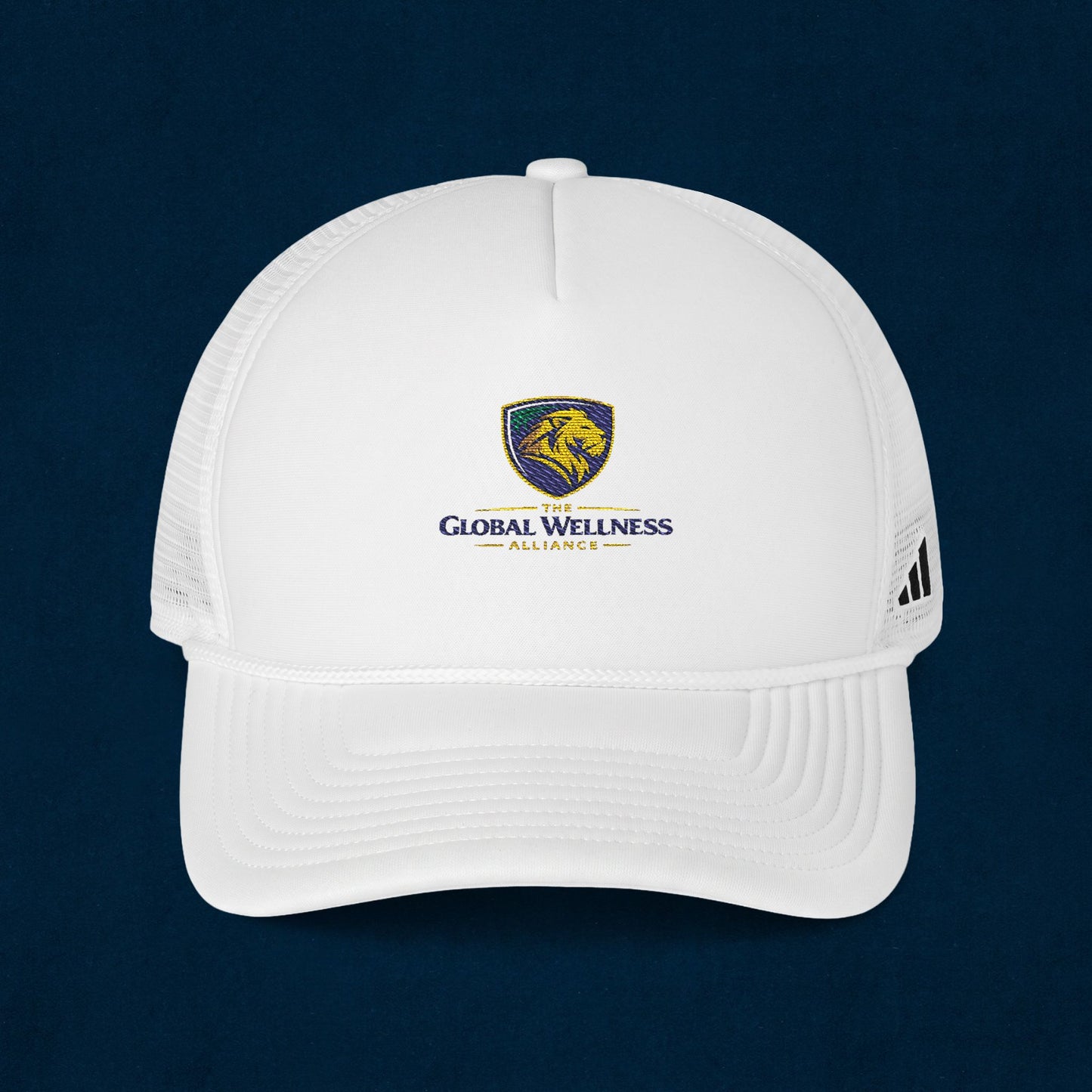 Embroidered Lion Crest Trucker Cap — Mesh Baseball Hat with Vintage Shield Logo