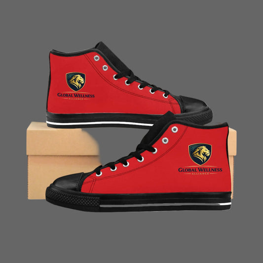 Men's High-Top Sneakers — Red 'Global Wellness' Logo Casual Shoes