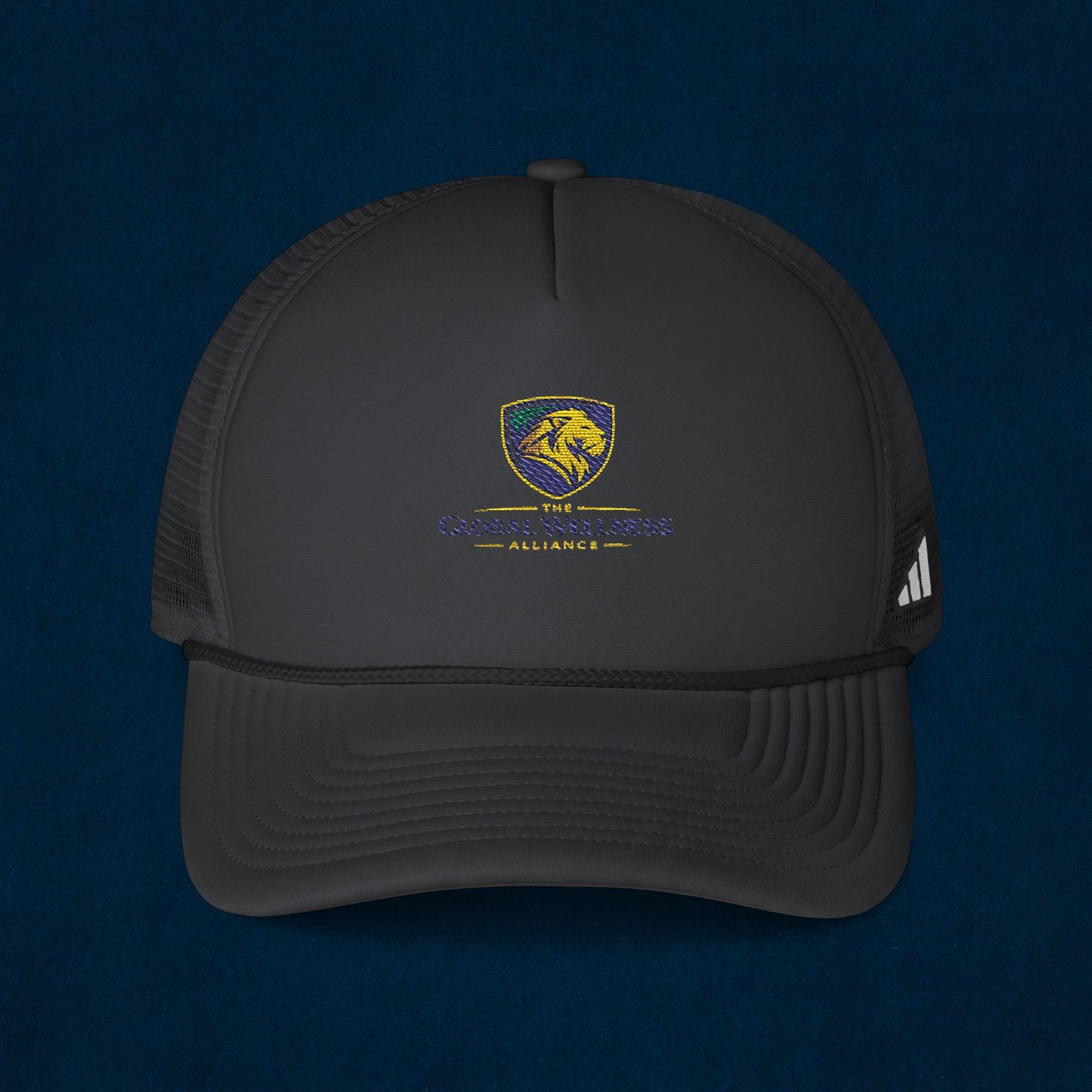 Embroidered Lion Crest Trucker Cap — Mesh Baseball Hat with Vintage Shield Logo