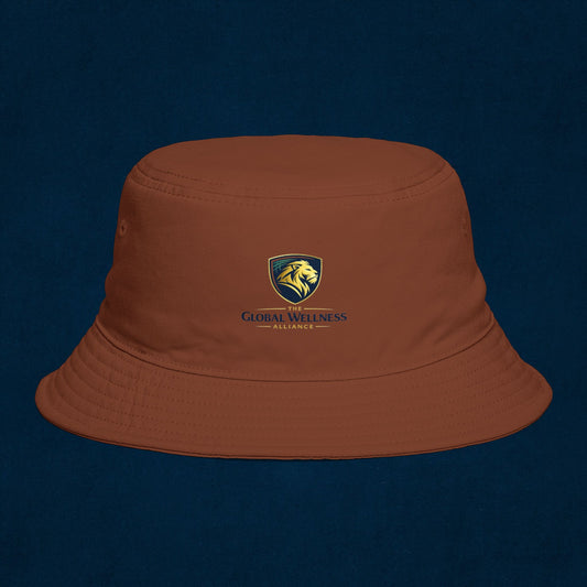 Brown Bucket Hat with Gold Crest Logo — Global Wellness Academy Embroidered Sun Hat