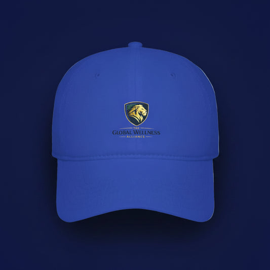 Embroidered Lion Shield Cap — Low Profile Baseball Hat with Global Wellness Logo